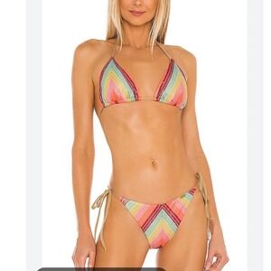 Luli Fama Womens Metallic Chevron Stripe Triangle Bikini Set Pink Gold Medium